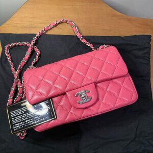 CHANEL Lambskin Quilted Mini Rectangular Flap Dark Pink Silver Hardware